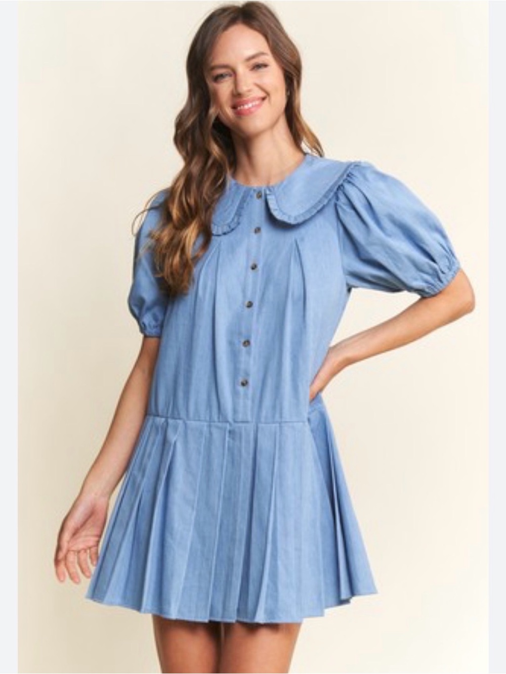 NEW Light Blue Pleated Short Dress with Peter Pan Collar In the Beginning